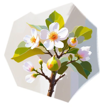 A detailed botanical study featuring the blossom stages of a fig tree. The composition includes several fig blossoms at various stages, showcasing their development from tight buds to fully open flowers. The buds are small and green, gradually transitioning to soft white petals. Each stage is labeled with clear, concise text. The background consists of large, green fig leaves, providing a contrasting backdrop to the delicate blossoms. The lighting highlights the textures and colors of the fig flowers, enhancing the botanical details.