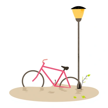 A lone bicycle partly submerged and leaning against a street lamp in floodwaters