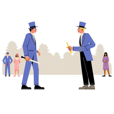 Two gentlemen in formal attire with top hats stand facing each other in a misty park at dawn. One gentleman has a determined expression, holding a polished sword in his right hand. The other gentleman appears resolute, gripping his own sword with both hands. Nearby, two seconds, dressed in waistcoats, stand attentively, observing the tension between the duelists. A small group of curious onlookers, including a woman in a flowing dress, watch from a distance, their faces a mix of excitement and concern. The park is shrouded in soft gray mist, with silhouettes of trees in the background, adding to the dramatic atmosphere of the impending duel.