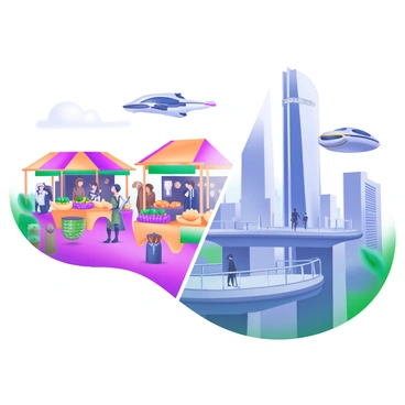A split image of a bustling historical marketplace on one side and a futuristic cityscape on the other