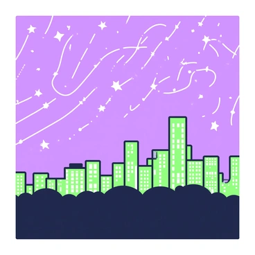 A long-exposure night photograph captures the movement of stars above a cityscape. The skyline features a range of buildings, including tall skyscrapers and smaller structures, with lights shining from windows and rooftops. The stars create distinct trails in the night sky, curving and weaving above the city. The atmosphere is clear, enhancing the visibility of the stars and the urban glow below. A darkened horizon can be seen, contrasting with the illuminated city, adding depth to the scene.