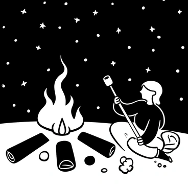 A girl with short hair sitting cross-legged by a campfire, holding a long stick with a marshmallow skewered at the end. The campfire emits swirling smoke and flickering flames, illuminating her figure and casting shadows on the ground. The night sky above is filled with numerous stars, twinkling brightly. Several logs and rocks are arranged around the fire, and a small backpack rests nearby.