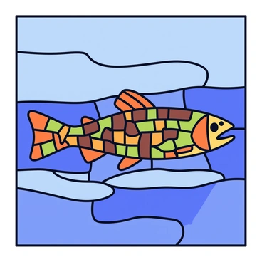 A mosaic art piece featuring a design of a brown trout. The trout is made up of many small, colorful tiles in shades of brown, green, and orange. Each tile is arranged to represent the scales and patterns on the fish's body. The background consists of varying shades of blue tiles to suggest water, with subtle wave patterns integrated into the design. The mosaic is framed with a simple black border.