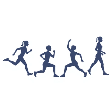 A sequence of silhouettes demonstrating various exercises aimed at reducing body fat. The first silhouette is in a jogging position, arms bent at the elbows, with one leg forward. The second silhouette is transitioning into a squat position, with feet shoulder-width apart and knees bending. The third silhouette is performing a plank, with arms extended and body straight. The fourth silhouette is in a jumping jack pose, with arms raised above the head and legs spread apart. Each silhouette is distinct, showcasing different exercise movements in a dynamic arrangement.