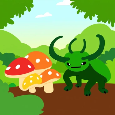 A shiny green Hercules beetle with large, curved horns is exploring a cluster of various mushrooms in a vibrant forest. The mushrooms are colorful, featuring bright red caps with white spots, along with orange and yellow varieties. The forest floor is covered in rich, dark brown soil and soft green moss. Sunlight filters through the canopy of leaves above, casting dappled light on the scene. The beetle is positioned near the mushrooms, with its legs delicately touching the surface of the mushroom caps.