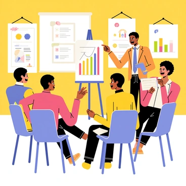 A community meeting taking place in a brightly colored room filled with chairs arranged in a circle. Several individuals of diverse backgrounds are seated, animatedly sharing their savings success stories. One person stands, pointing at a large colorful chart on an easel in the background, showing a bar graph with upward trends. Another individual holds a notepad, taking notes while listening attentively. Additional charts hang on the walls, showcasing various savings tips and financial goals. The atmosphere is lively and engaging, with everyone participating and interacting with one another.