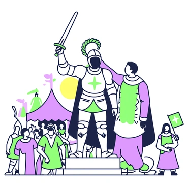 A victorious knight is standing on a raised platform, wearing a gleaming suit of armor adorned with intricate designs. In his right hand, he holds a shining sword raised high. A laurel wreath, symbolizing victory, is being placed on his head by a regal figure in a flowing robe. The background features a cheering crowd, with some holding banners and flags. Surrounding them are colorful tents set up for the tournament, indicating the festive atmosphere. The sun is setting in the background, casting a soft glow over the scene.
