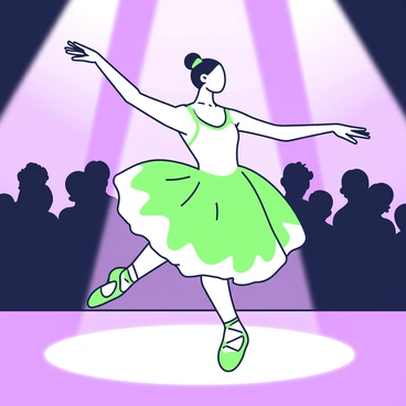 A ballet dancer is performing on a stage, captured in a moment of elegance. She is wearing a flowing tutu that flares out as she moves. Her arms are extended gracefully above her head while her left leg is raised in a perfect arabesque. The stage is illuminated with dramatic spotlighting, casting soft shadows around her figure. In the background, there are blurred silhouettes of audience members watching in awe. The scene embodies the beauty and poise of ballet.