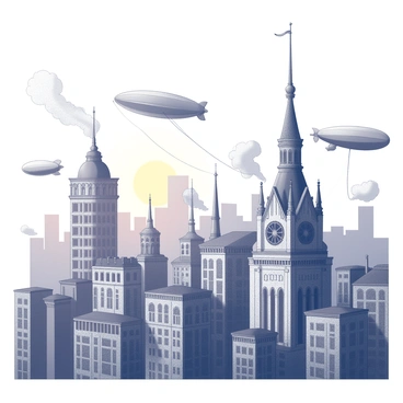 A cityscape filled with numerous buildings featuring Victorian architecture. The structures display intricate metalwork and large gears integrated into their designs. Airships float gracefully in the sky, some tethered to tall towers, while others drift past billowing clouds of smoke emanating from chimneys. The setting sun casts a dramatic silhouette of the city, highlighting the ornate details of the architecture and the movement of the airships above.