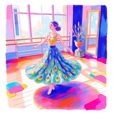 A vibrant peacock feather print skirt is twirling gracefully in the center of a dance studio. The skirt features intricate patterns of blue, green, and gold, mimicking the natural beauty of a peacock's plumage. The dance studio is filled with mirrors reflecting the movement, and wooden floors gleam under soft lighting. In the background, a ballet barre runs along the wall, and there are colorful dance mats scattered around. The atmosphere conveys a sense of dynamic motion and elegance.