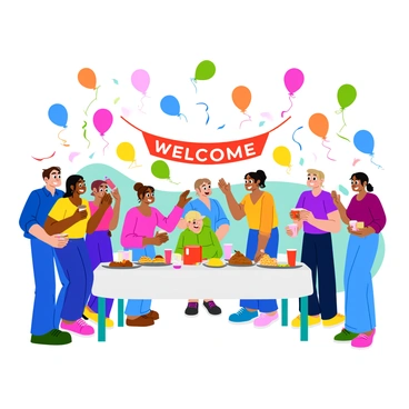 A lively housewarming party scene filled with colorful balloons floating in the air. There is a large "Welcome" banner hanging above a beautifully arranged table. The table is set with various snacks and beverages, surrounded by cheerful guests chatting and laughing. Some guests are holding cups, while others are admiring the decorations. Brightly colored streamers adorn the walls, adding to the festive atmosphere of the event.
