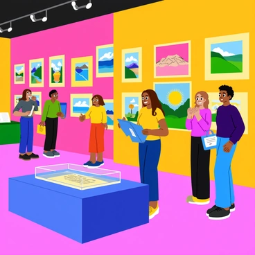 An art gallery setting with colorful walls showcasing various pieces of beautiful artwork. Each artwork is framed and elegantly arranged, featuring paintings of landscapes and abstract designs. In the center of the gallery, there is a table displaying raffle tickets and a glass box for entries. The atmosphere is vibrant, filled with visitors admiring the artworks, some discussing their favorite pieces while others are filling out raffle tickets. Bright spotlights illuminate each artwork, highlighting the vivid colors and details.