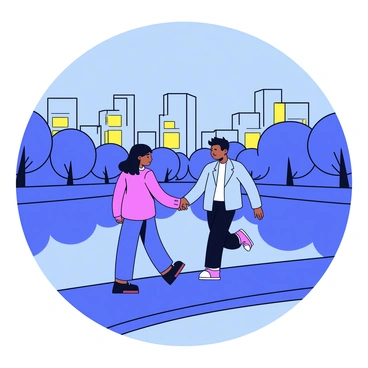 A couple walking hand in hand along a riverbank during the evening. The river reflects the twinkling city lights from nearby buildings. The couple is silhouetted against the glowing skyline, with trees lining the riverbank softly illuminated by the lights. The path they walk on is smooth and well-defined, with gentle ripples in the water nearby.
