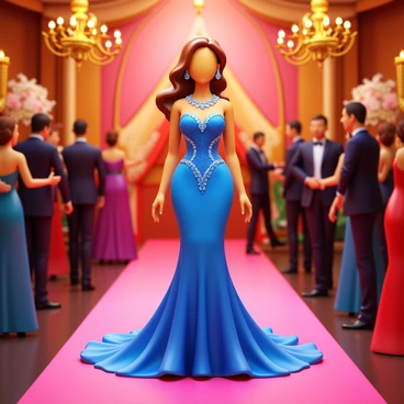 A glamorous woman wearing an elegant evening gown that flows gracefully to the floor. The gown features intricate beadwork and a fitted bodice. She has a shimmering necklace around her neck, sparkling under the lights. The setting is a lavish event with opulent decorations, including chandeliers and floral arrangements. The atmosphere is filled with guests in formal attire, enjoying the luxurious ambiance.