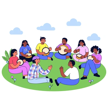A circle of people sitting on green grass, each person holding a different type of drum. Some individuals are wearing colorful clothing, while others have traditional attire. They are all smiling and focused on the rhythm, with their hands striking the drums in unison. Surrounding the group are small patches of wildflowers and a few trees in the background. The sky is clear with a few fluffy clouds scattered above. Each person's expression shows joy and connection as they engage in their musical activity.