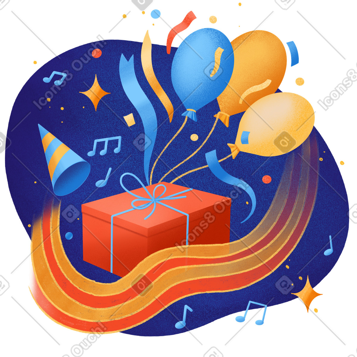 Ilustración Gift box with balloons and party hat, Birthday children's en estilo Gleam a descargar en PNG y SVG