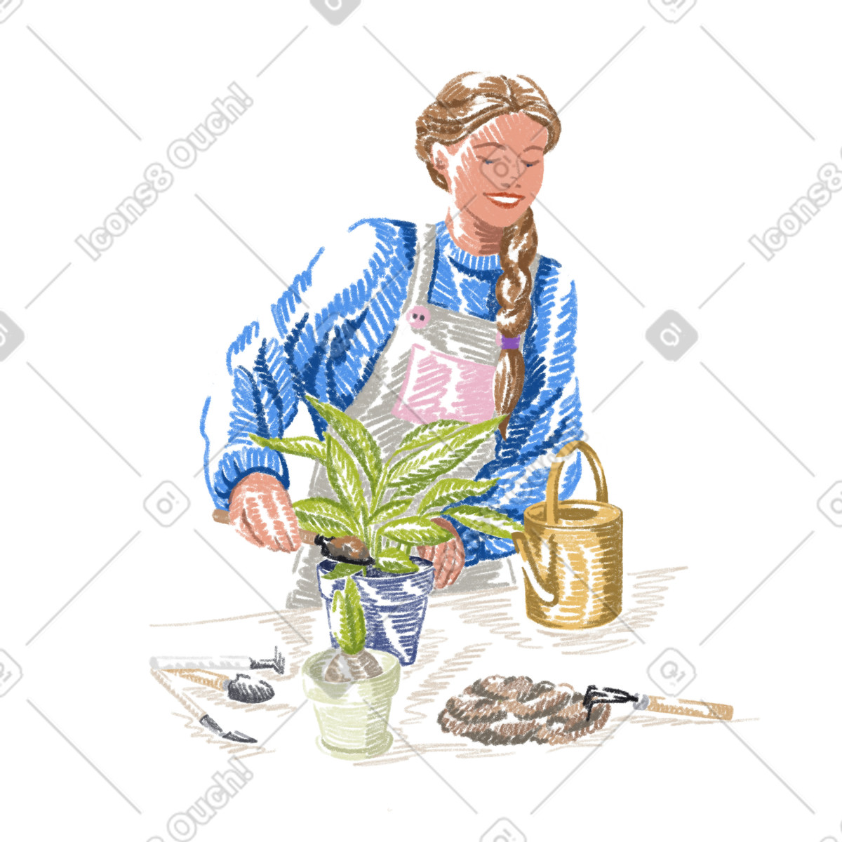 Sketchbook 스타일의 Woman is planting a flower in pot 일러스트레이션 PNG, SVG 다운로드