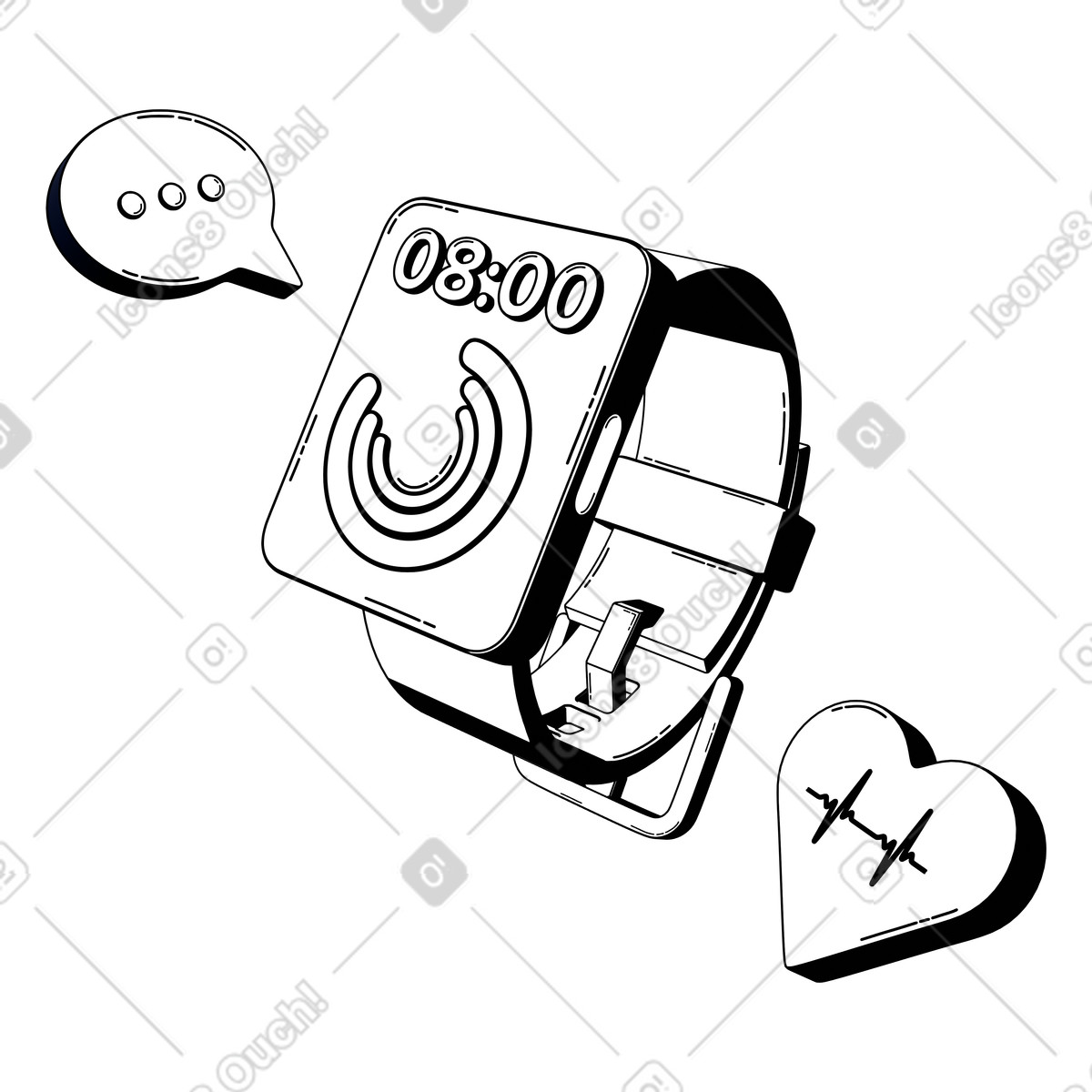 Illustration animée Montre connectée de fitness affichant les anneaux d'activité et la fréquence cardiaque, technologie santé portable dans le style 3D Techny Line à télécharger aux formats GIF, Lottie (JSON), AE