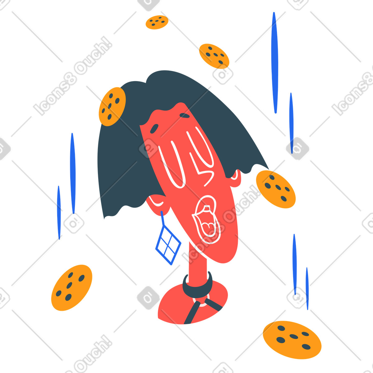 Ilustración Mujer parada bajo la lluvia de galletas en estilo Kingdom a descargar en PNG y SVG