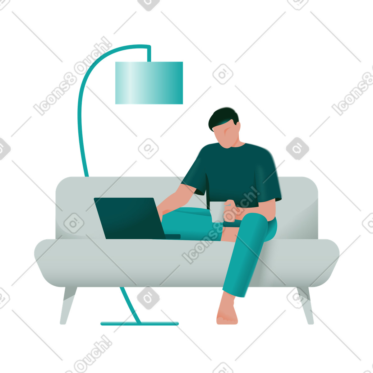Freelancer working on laptop from sofa, relaxed remote workspace animated illustration in Office style download in GIF, Lottie (JSON), AE