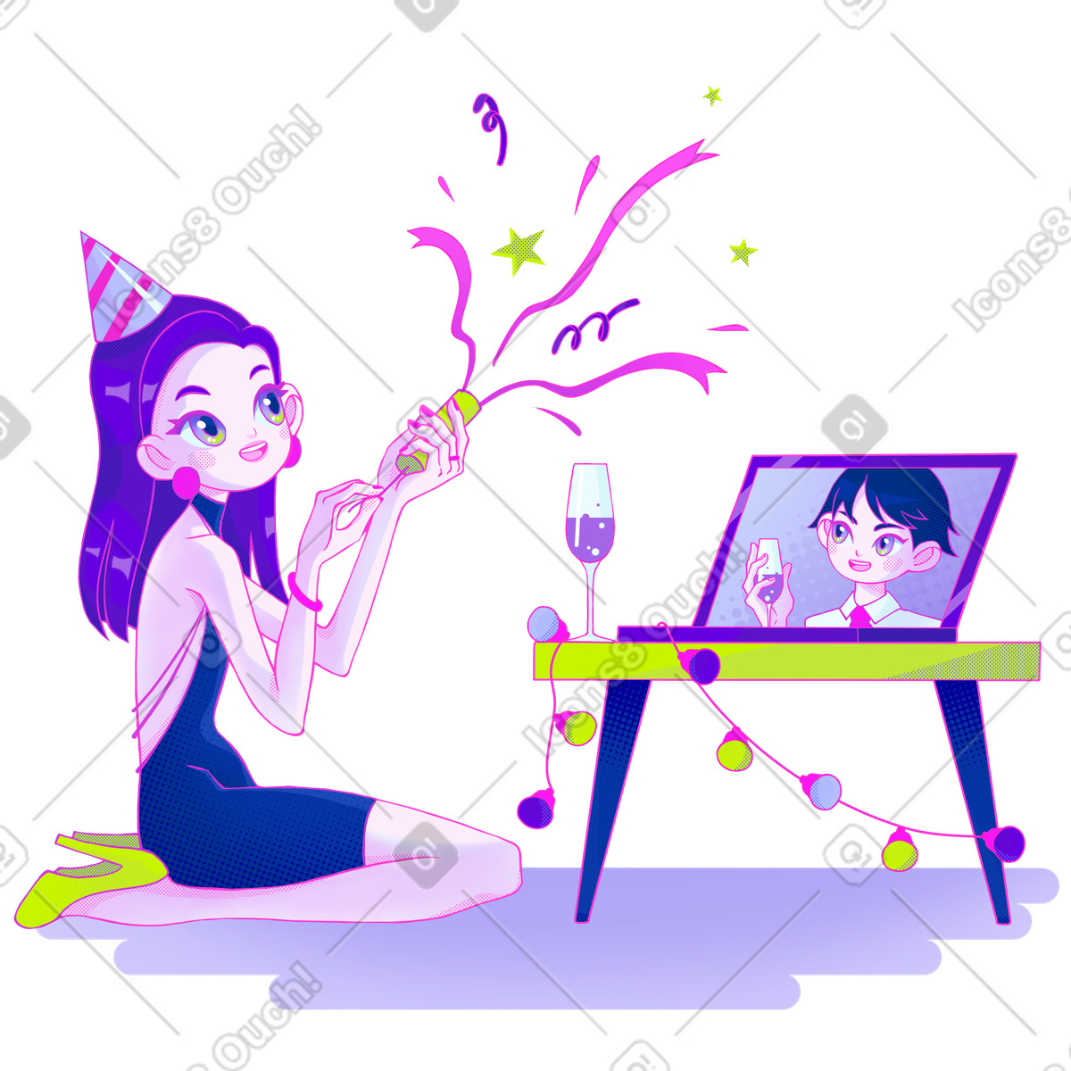 Couple celebrating New Year with party poppers on video call, Virtual gathering or remote celebration illustration in Experimental style download in PNG, SVG