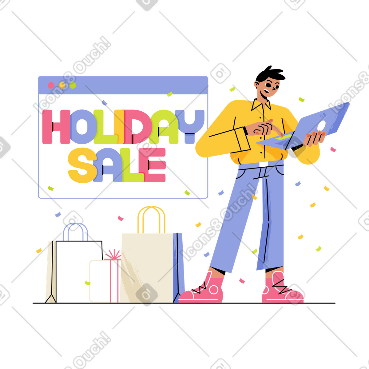 Lettering holiday sale con un uomo che acquista online illustrazione in stile Juicy scarica in PNG, SVG