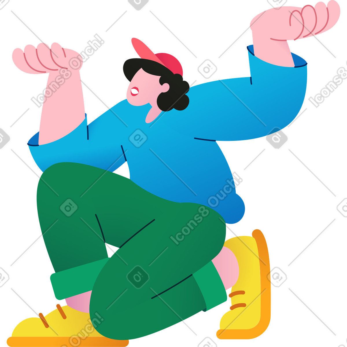 Junger mann mit mütze und erhobenen händen-Illustration im Colors-Stil als Download in PNG, SVG