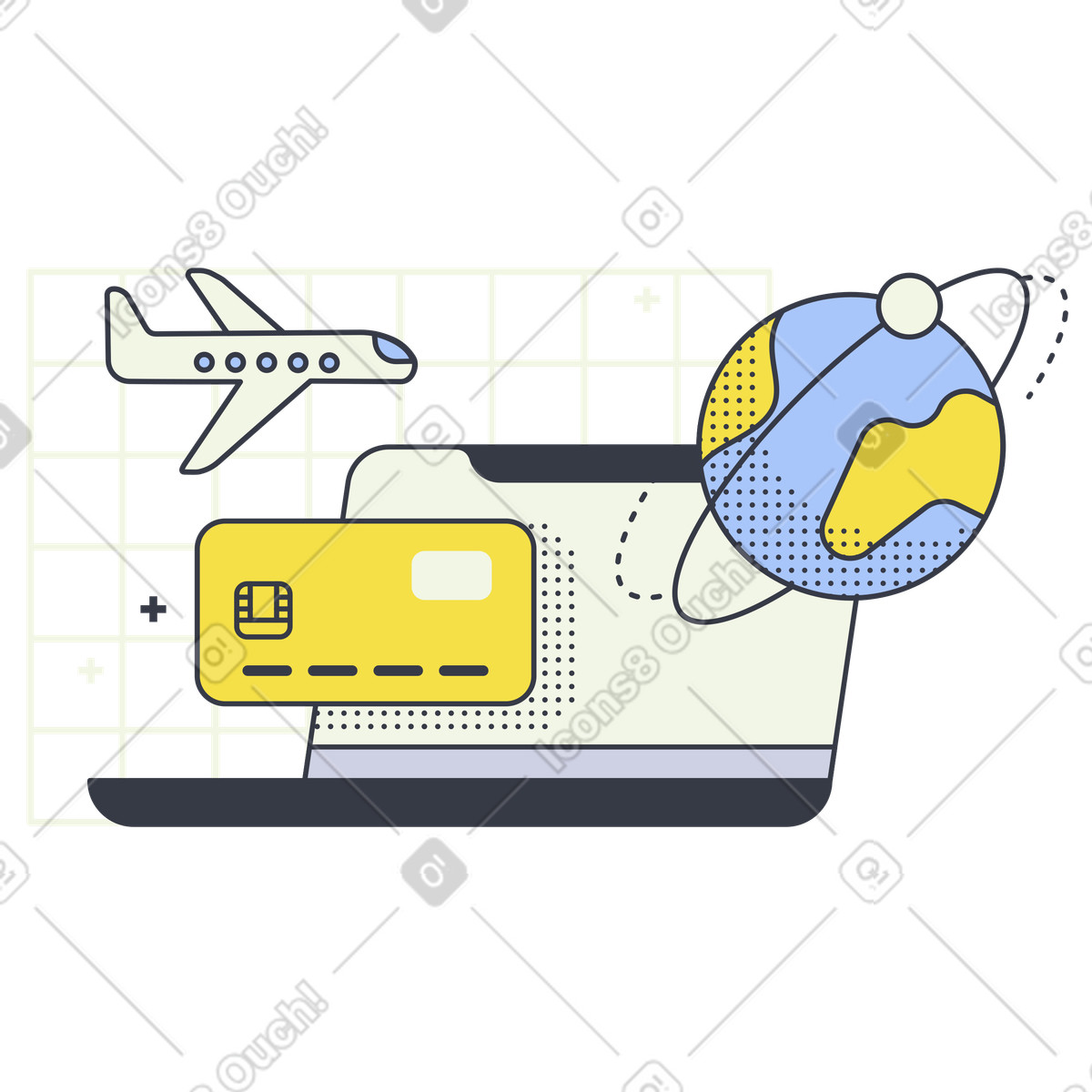 Abstract スタイルの ノートパソコンでオンライン航空券を予約 のイラストをPNG、SVG形式でダウンロード