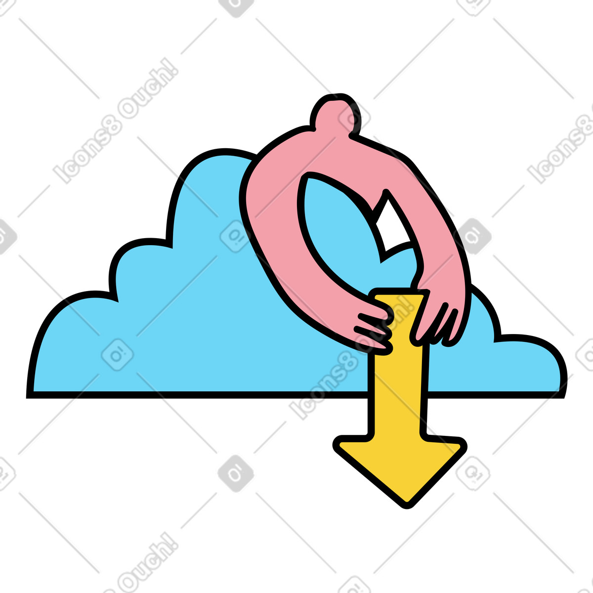Download di file online, servizio backup, tenendo premuta la freccia verso il basso sul cloud illustrazione in stile Wiggle scarica in PNG, SVG