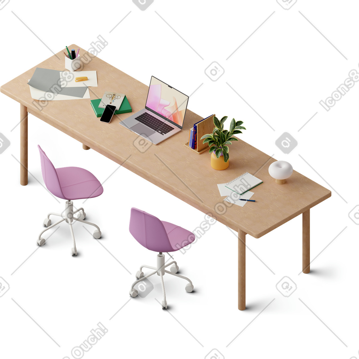 Illustration Vue isométrique du bureau avec chaises, ordinateur portable et papiers dans le style 3D Hygge à télécharger aux formats PNG, SVG