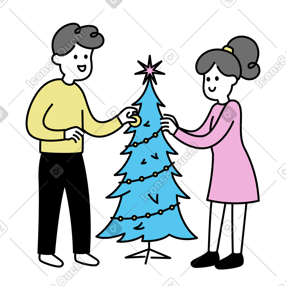 Mochi 스타일의 Couple decorating Christmas tree, Winter holiday tradition 일러스트레이션 PNG, SVG 다운로드