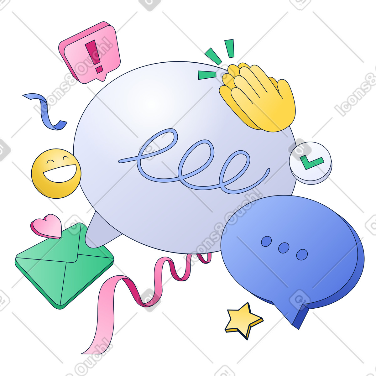 Ilustración Burbujas de chat con emojis y reacciones, comunicación en redes sociales estilo Neat a descargar PNG SVG