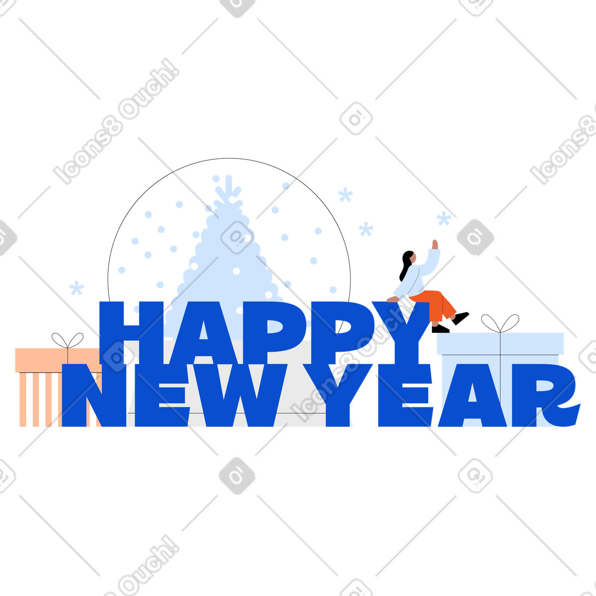 Tiny スタイルの ギフト ボックスとスノードームで新年あけましておめでとうございますのテキストを送信します。 のイラストをPNG、SVG形式でダウンロード