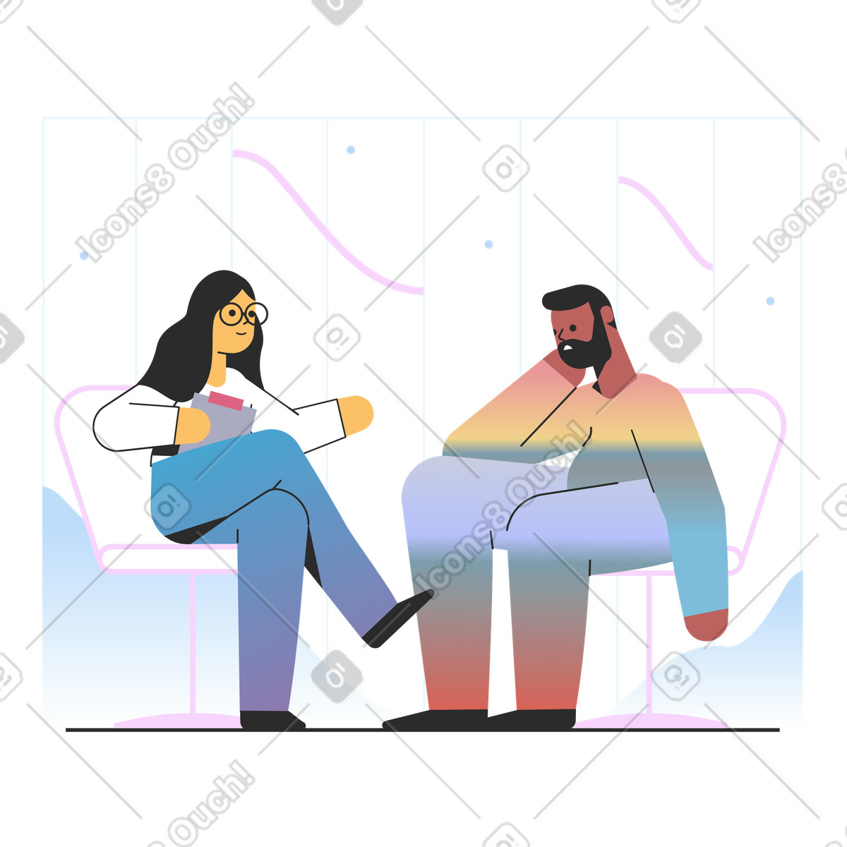 Illustration L'homme sur rendez-vous d'un psychologue dans le style Marginalia à télécharger aux formats PNG, SVG