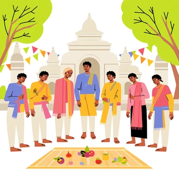 A group of pilgrims dressed in traditional clothing, including colorful shawls and saris, are gathered at the entrance of a sacred site in Jharkhand. In the foreground, various offerings are laid out neatly on a woven mat, including fruit, flowers, and small clay lamps. The sacred site features intricately carved stone structures and is adorned with vibrant banners fluttering in the breeze. Trees with lush green foliage surround the area, providing a serene backdrop. The expression on the pilgrims' faces reflects reverence and devotion as they prepare to enter the site.