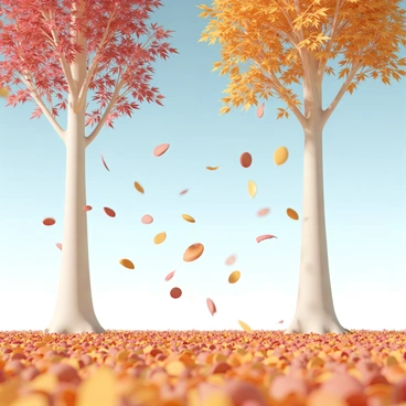 A close-up view of colorful leaves falling gently from tall trees, showcasing vivid shades of red, orange, and yellow. The ground is covered with a thick carpet of leaves, creating a rich tapestry of colors. The trees, with their branches bare from shedding leaves, stand tall against a clear blue sky. Soft sunlight filters through the branches, highlighting the texture of the leaves as they dance in the crisp autumn breeze.