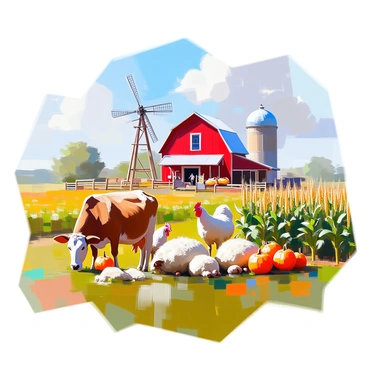 A picturesque rural farm scene featuring a variety of farm animals and crops. In the foreground, there are several farm animals including a brown cow grazing on green grass, a few fluffy white sheep resting, and a rooster perched on a wooden fence. Surrounding the animals, rows of vibrant crops are visible, including tall stalks of corn, bright orange pumpkins, and green leafy vegetables. In the background, a rustic red barn stands against a clear blue sky, with a windmill turning slowly nearby. The entire scene captures the essence of farm life.