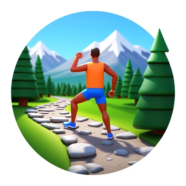 A person performing high knees on a mountain trail. The individual is wearing athletic clothing, including a bright tank top and running shorts. The mountain trail is rocky and winding, surrounded by lush greenery and tall trees. In the background, there are majestic mountains with snow-capped peaks under a clear blue sky. The sunlight casts shadows on the trail, highlighting the person's energetic movement. "A person doing high knees" is prominently displayed in the scene.