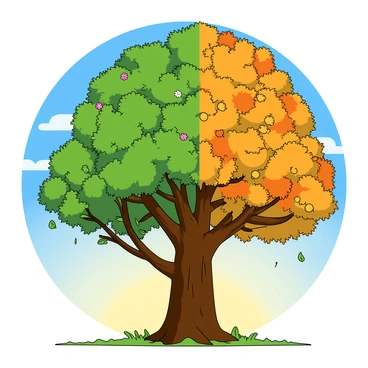 A large, tall tree with a thick trunk stands at the center of the image. On the left side of the tree, it is spring, with the tree adorned with bright green leaves and colorful blossoms in pink and white. Moving towards the center, the tree transitions into summer, showcasing lush, dark green foliage casting dappled sunlight onto the ground. As we move to the right, the scene shifts to autumn, with the leaves turning vibrant shades of orange, yellow, and red, some leaves gently falling to the ground. Finally, on the far right, winter settles in, with the tree bare of leaves and covered in a light dusting of snow. In the background, a bright blue sky transitions through warm sunset hues, depicting the passage of time through the changing seasons.
