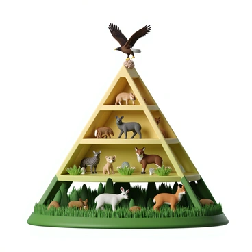 A food chain pyramid representing different levels of animals in an ecosystem. At the base, there are green plants, depicted as lush and vibrant, providing energy to herbivores. The second level features various herbivores such as a rabbit and a deer, illustrated in natural colors. The third level shows carnivores like a fox and an owl, positioned above the herbivores. At the top of the pyramid, there is a top predator, depicted as a large eagle soaring above the other levels. Each level of the pyramid is clearly defined, illustrating the relationships between the plants and animals.