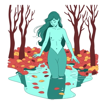 A naiade amidst fallen autumn leaves, the water reflecting shades of red and gold