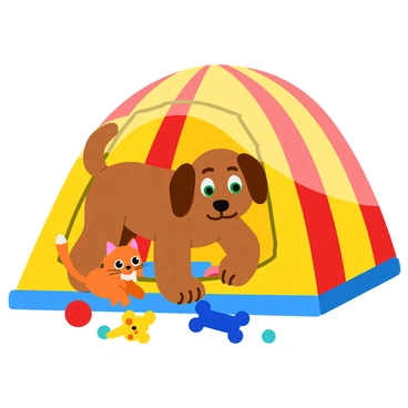 A playful scene featuring a fluffy brown dog with floppy ears and a small, orange tabby cat with bright green eyes inside a colorful tent. The tent is striped with vibrant colors such as red, yellow, and blue. Scattered around them are various colorful toys, including a red ball, a blue squeaky toy in the shape of a bone, and a yellow plush mouse. The dog is playfully pawing at the cat, who is curiously batting at a toy. Sunlight filters through the tent fabric, creating a warm and cheerful atmosphere.