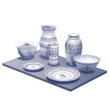 A collection of Persian ceramics displayed on a wooden table. Each piece features intricate designs with geometric patterns and floral motifs. The ceramics vary in shape and size, including bowls, plates, and vases. The surfaces of the ceramics are adorned with details that include swirling lines and leaf-like shapes. The overall arrangement showcases the craftsmanship and artistic details of the ceramics, emphasizing the skill involved in their decoration.