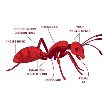 A red illustration of an ant, showing its detailed anatomy with clearly labeled body parts. The ant is depicted from a side view, highlighting the head, thorax, and abdomen. Each major section of the body is marked with labels, including the antennae on the head, compound eyes, mandibles, and legs. The legs are shown in various positions for clarity, and the fine details of the exoskeleton texture are visible. The background is minimal to ensure focus on the ant's anatomy.