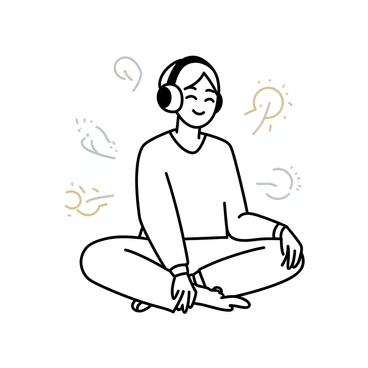 Someone meditating with headphones on, surrounded by soft, glowing lights.