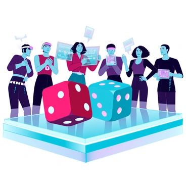 A pair of oversized dice, one red with white dots and the other blue with black dots, are in mid-roll on a sleek, futuristic table made of transparent material. The table has glowing edges that illuminate the vibrant colors of the dice. Surrounding the table, a diverse group of curious onlookers with varied skin tones and futuristic clothing is gathered, their expressions filled with anticipation. Some have augmented reality devices on their heads, while others hold holographic tablets displaying game stats. The setting is dynamic and full of energy, emphasizing the excitement of the moment.