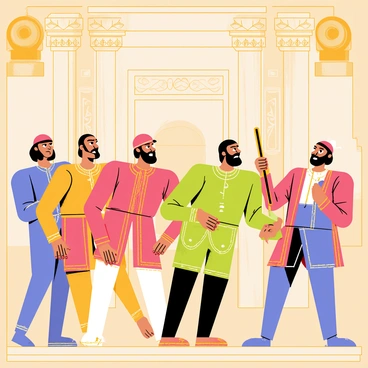 A mural depicting a historic event featuring several figures dressed in intricate period clothing, showcasing various styles from the era. The figures are actively engaged in the scene, with expressions of determination and focus. Surrounding them is an elaborate backdrop of ancient architecture, including tall columns, arched doorways, and detailed carvings that reflect the time period. The scene is filled with vibrant colors that highlight the clothing and architecture, adding depth and interest to the overall narrative of the mural.