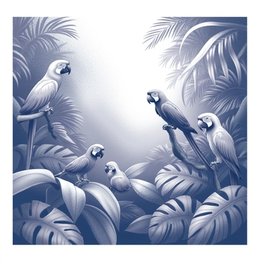 A mural depicting a lush jungle scene. The composition includes a variety of tropical plants, featuring large, broad leaves and intricate textures. Several parrots are perched among the foliage, showcasing a range of poses, with their beaks slightly open as if they are vocalizing. The jungle background is dense, creating a sense of depth, with layers of greenery that envelop the scene. Sunlight filters through the leaves, casting dappled shadows on the ground below.