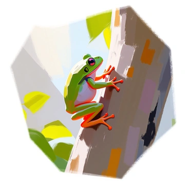 A small green frog with smooth skin is skillfully climbing the rough bark of a tree. Its large, round eyes are focused as it navigates upwards. The frog's sticky feet are firmly attached to the textured surface of the bark, helping it maintain its grip. Sunlight filters through the leaves above, casting dappled shadows on the frog's body. Surrounding the tree are various shades of green foliage, adding depth to the scene. The bark is detailed, showcasing cracks and grooves, emphasizing the frog's agile movements.