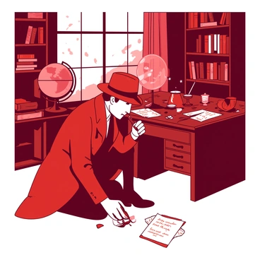 A red-dressed detective with a bowler hat is crouching on the floor of a cluttered Victorian study. In his right hand, he holds a large magnifying glass, focusing intently on a small piece of paper with handwritten notes. The study is filled with various items, including old books stacked haphazardly on dark wooden shelves and a globe sitting on an ornate stand. A vintage desk cluttered with inkwells, quills, and scattered documents is in the background. Sunlight filters through a dusty window, casting patterns across the room.